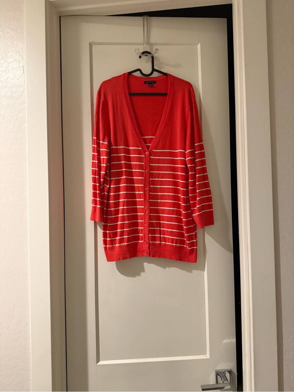Tommy Hilfiger Red and White Striped V-Neck Cardigan
